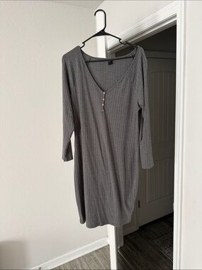SHEIN Gray Ribbed V-Neck Button-Front Long Sleeve Dress